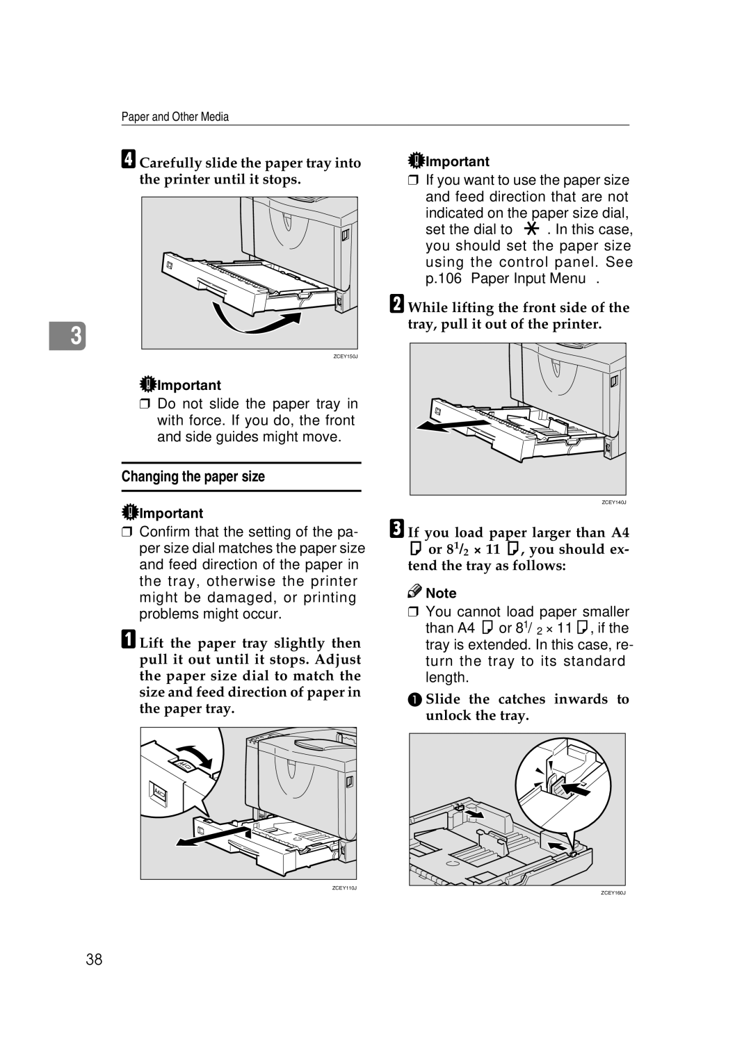 Ricoh AP2610N setup guide Changing the paper size, Slide the catches inwards to unlock the tray 