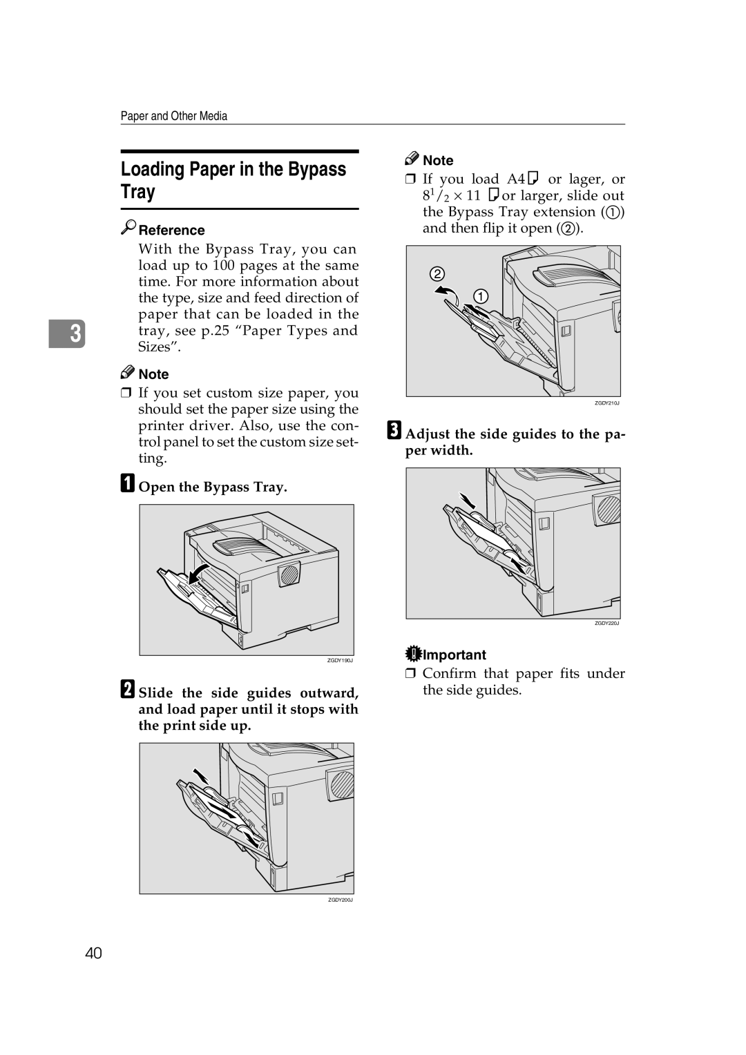 Ricoh AP2610N Loading Paper in the Bypass Tray, Open the Bypass Tray, Adjust the side guides to the pa- per width 