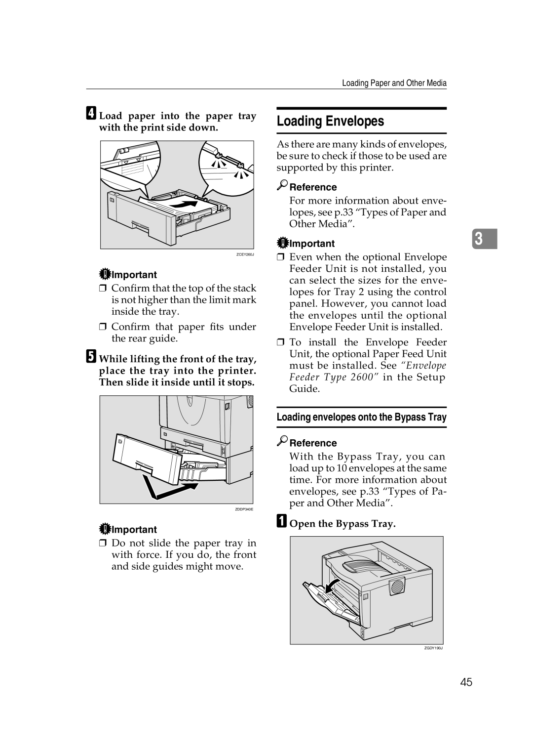 Ricoh AP2610N setup guide Loading Envelopes, Loading envelopes onto the Bypass Tray 