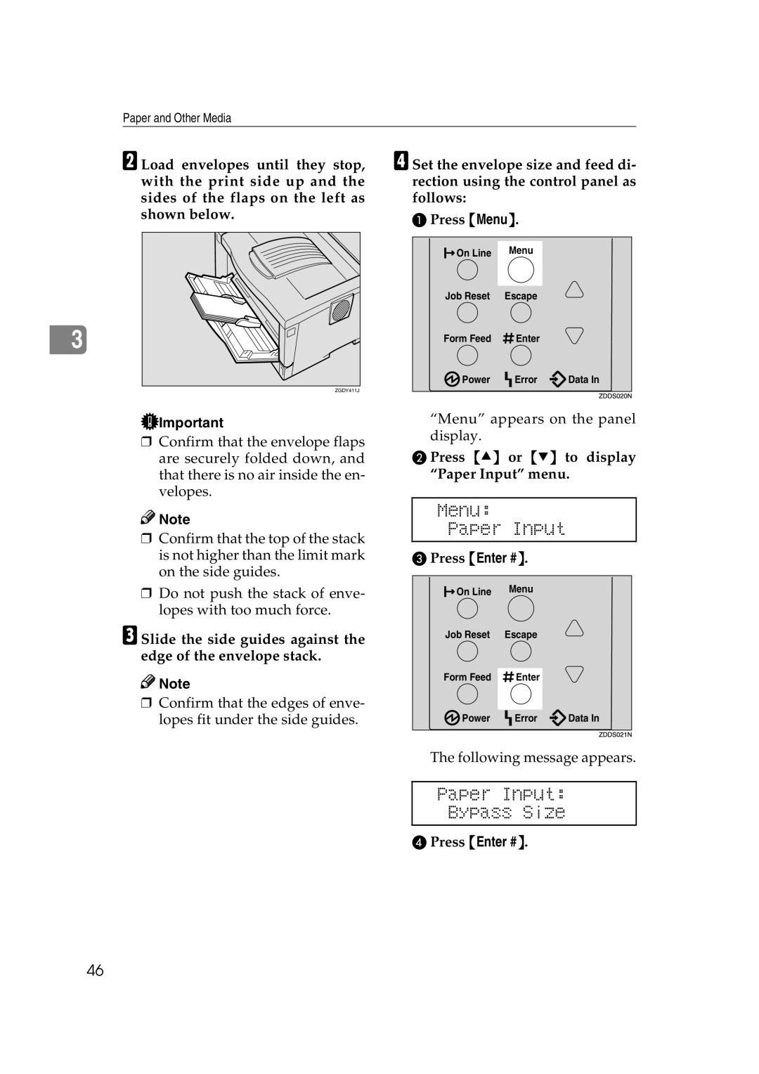 Ricoh AP2610N Slide the side guides against the edge of the envelope stack, Press U or T to display Paper Input menu 