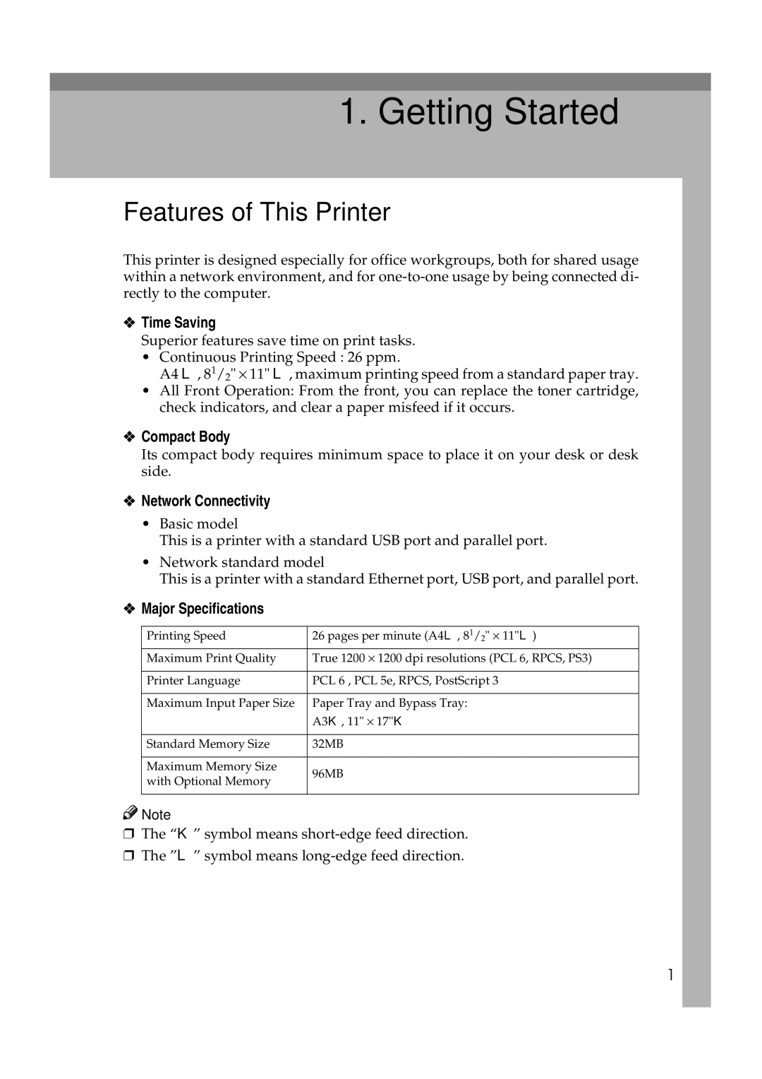 Ricoh AP2610N setup guide Features of This Printer, Time Saving, Compact Body, Network Connectivity, Major Specifications 