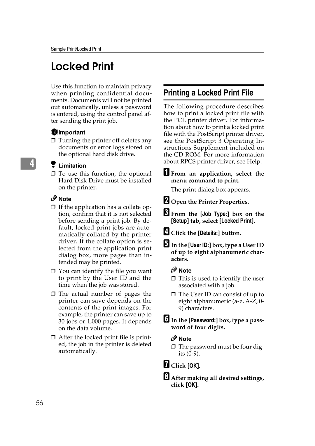 Ricoh AP2610N setup guide Printing a Locked Print File, Password box, type a pass- word of four digits 