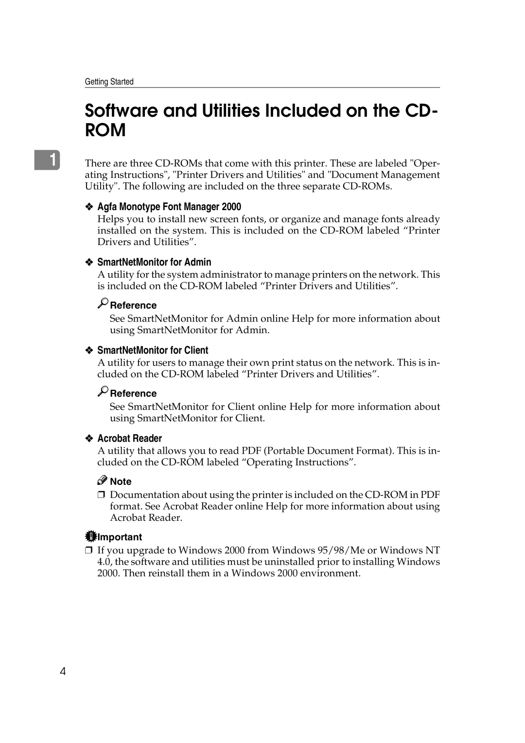 Ricoh AP2610N setup guide Software and Utilities Included on the CD, Agfa Monotype Font Manager, SmartNetMonitor for Admin 