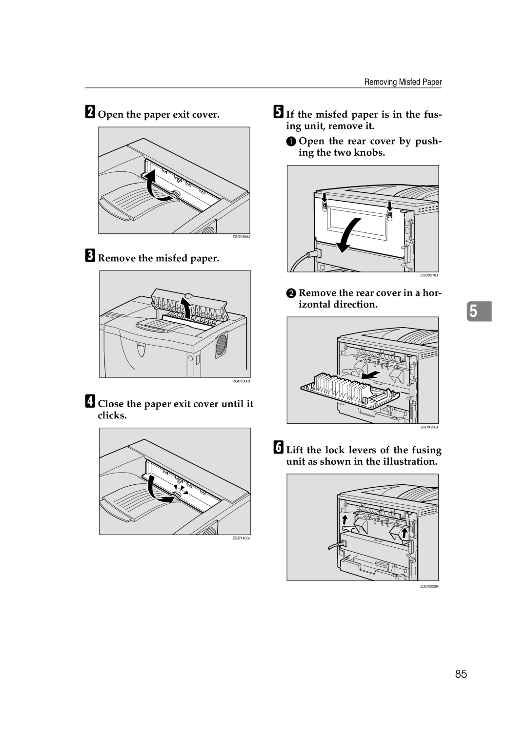 Ricoh AP2610N setup guide Open the paper exit cover, Remove the misfed paper, Close the paper exit cover until it clicks 