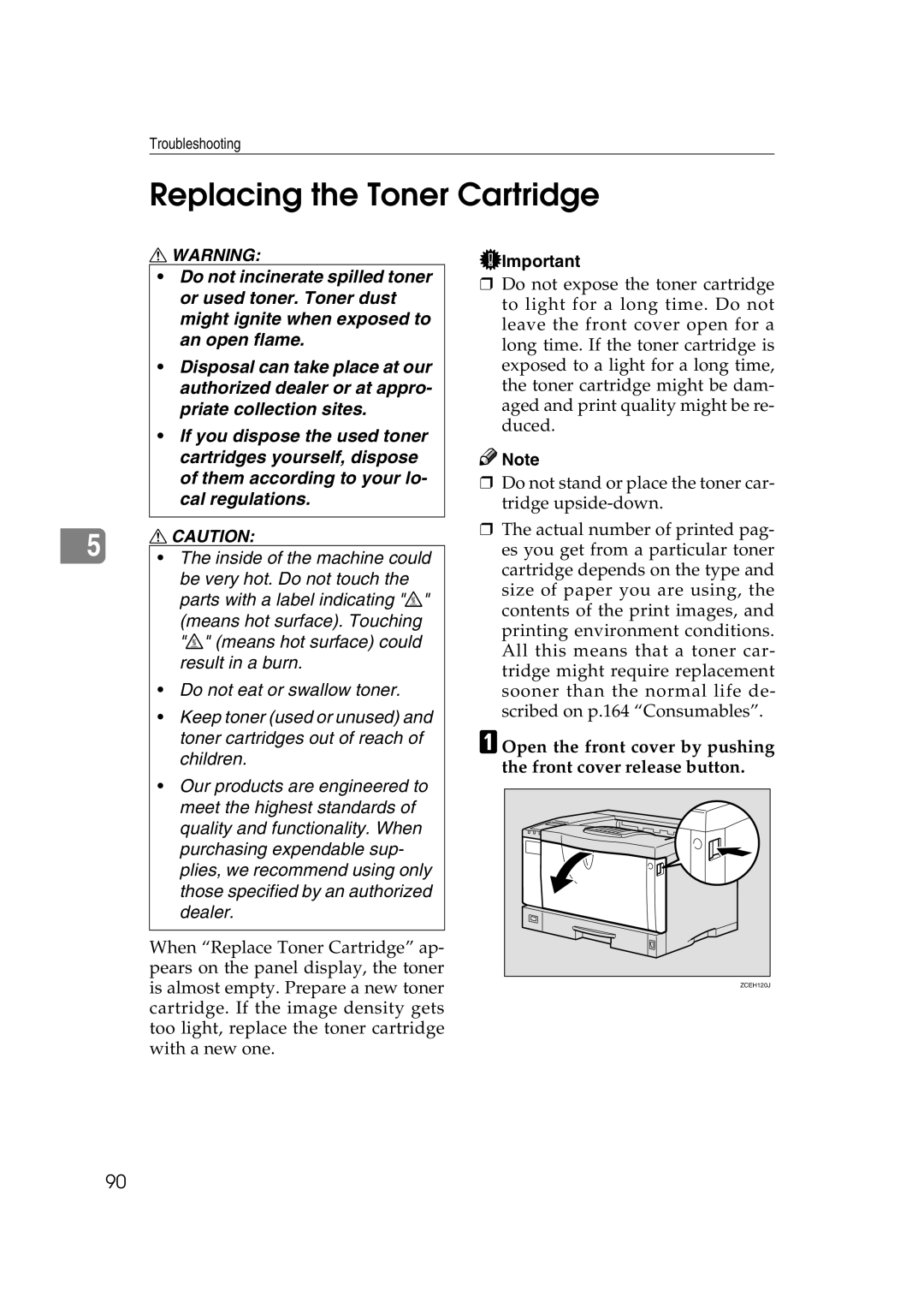 Ricoh AP2610N setup guide Replacing the Toner Cartridge 