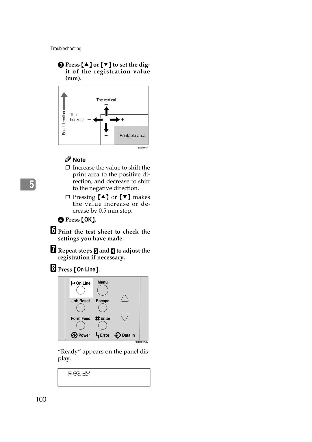 Ricoh AP2610N setup guide 100, Press U or T to set the dig- it of the registration value mm 