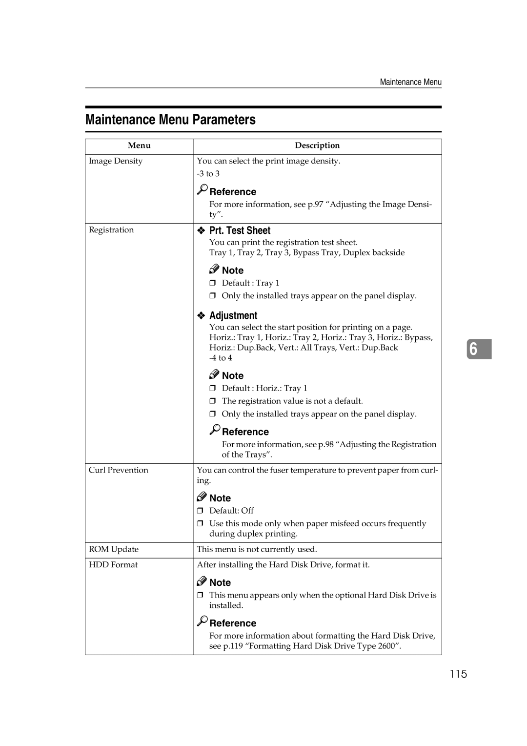 Ricoh AP2610N setup guide Maintenance Menu Parameters, Prt. Test Sheet, Adjustment, 115 