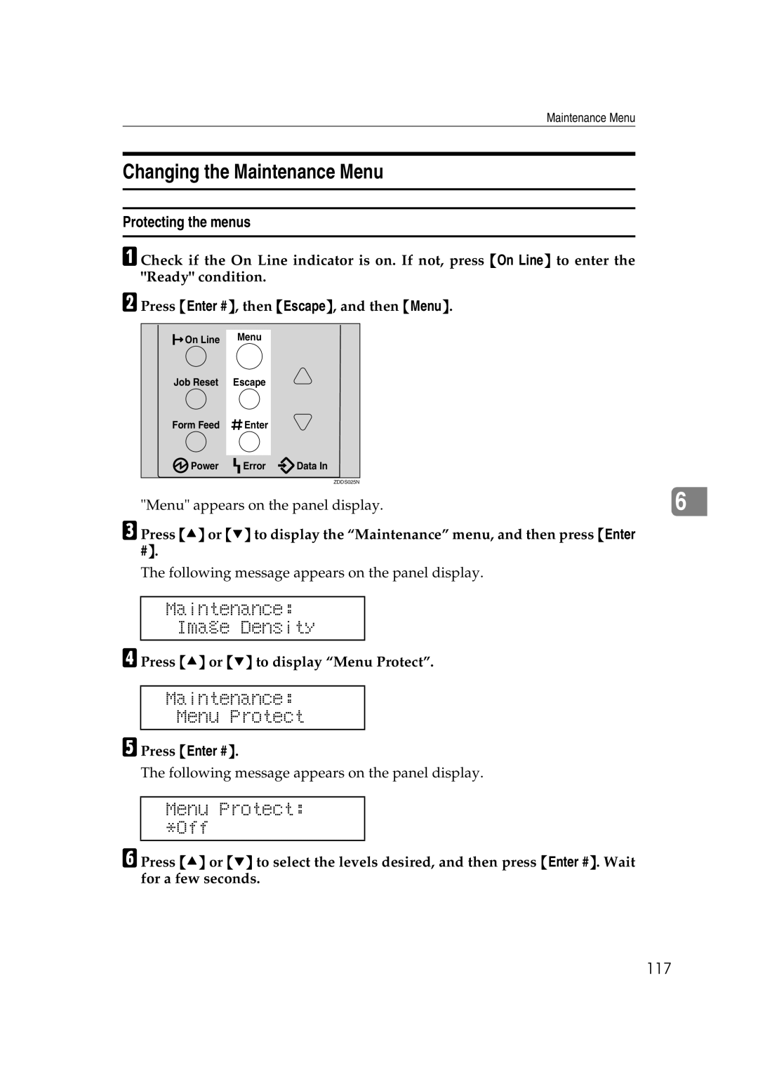 Ricoh AP2610N Changing the Maintenance Menu, Maintenance Menu Protect, Menu Protect *Off, Protecting the menus, 117 