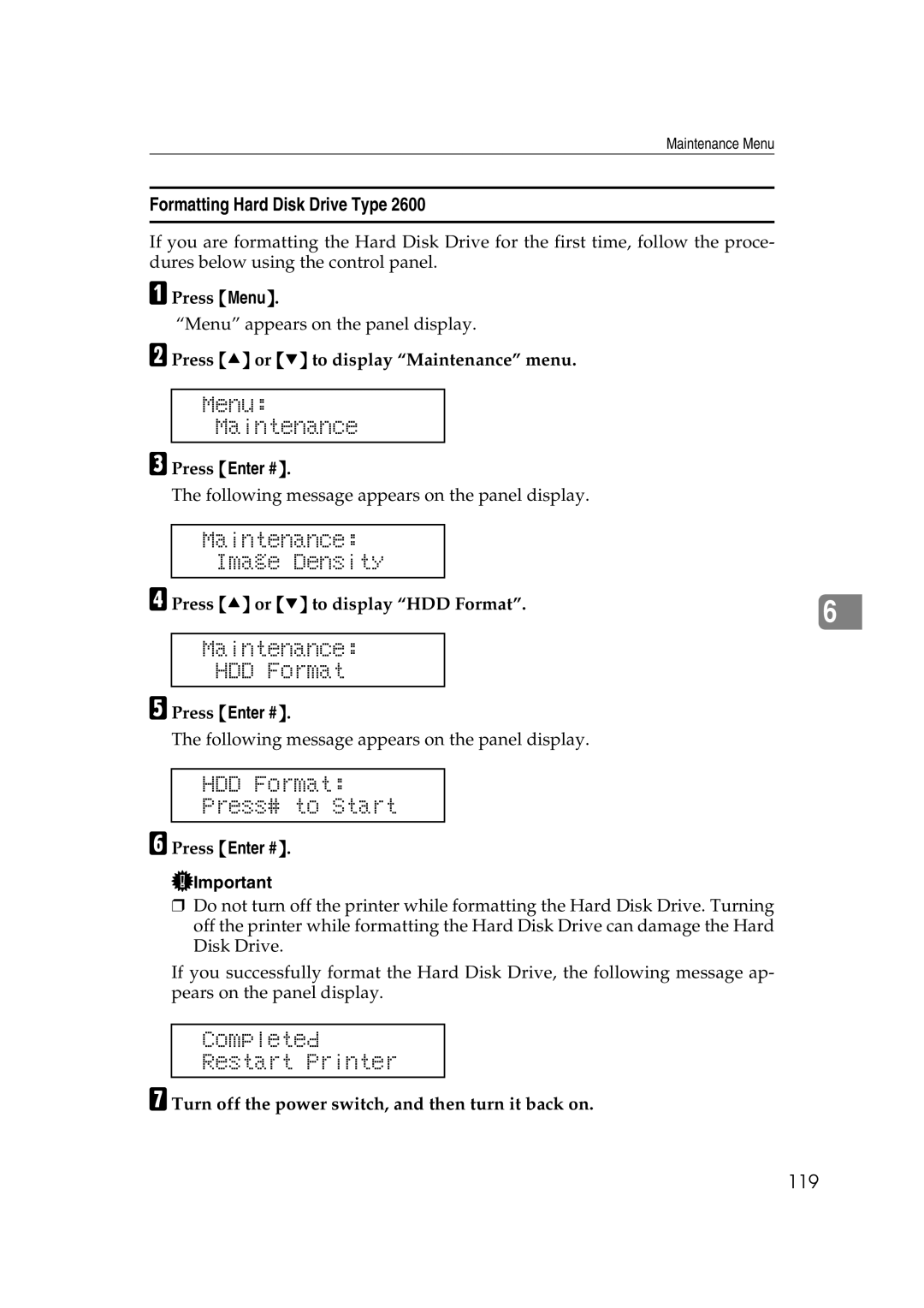 Ricoh AP2610N setup guide Menu Maintenance, Maintenance HDD Format, HDD Format Press# to Start, Completed Restart Printer 