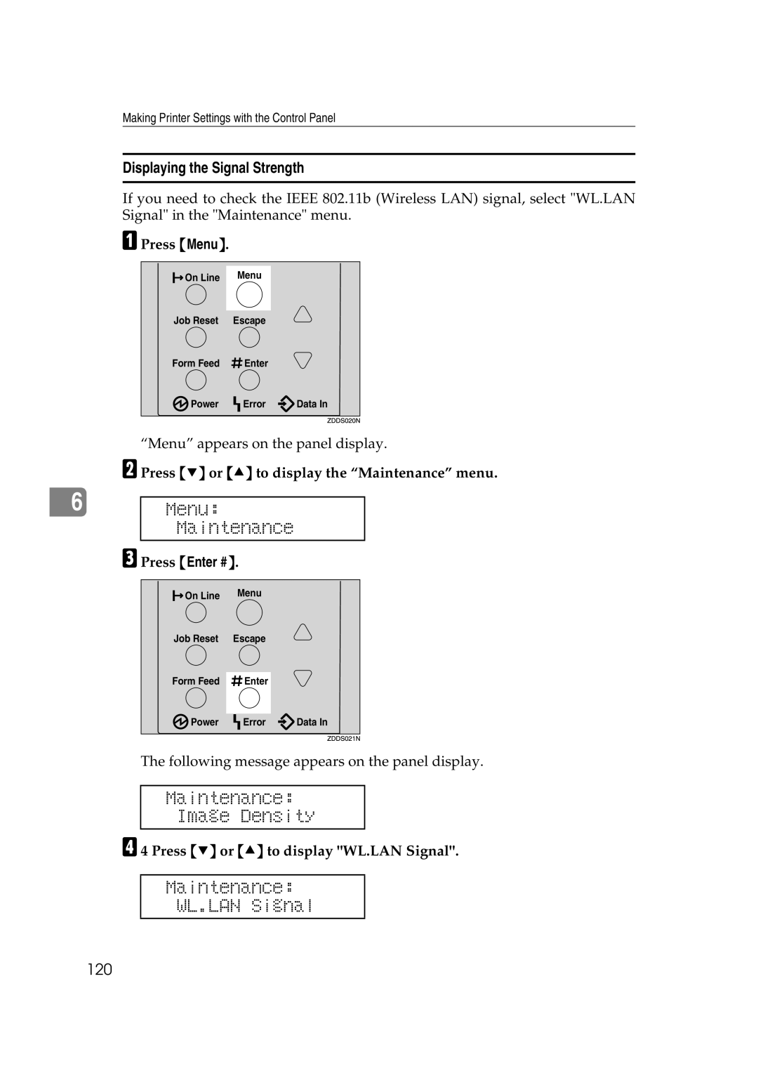 Ricoh AP2610N Maintenance WL.LAN Signal, Displaying the Signal Strength, 120, Press T or U to display the Maintenance menu 