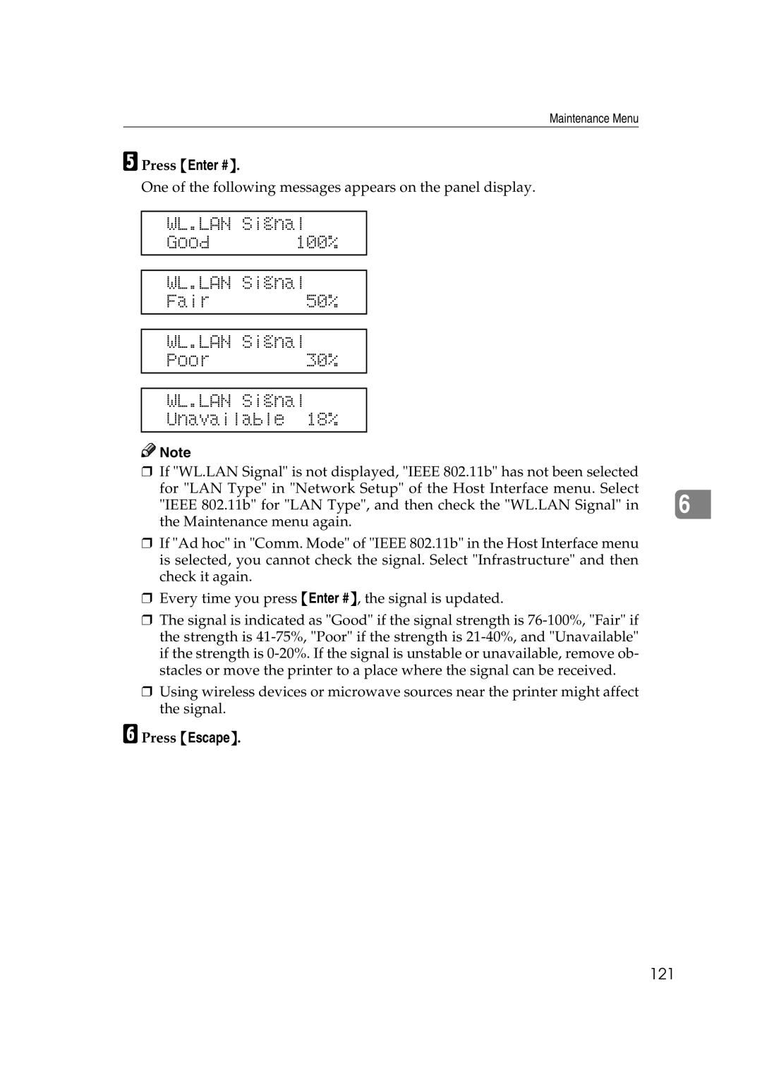 Ricoh AP2610N setup guide WL.LAN Signal Good 100% Fair 50% Poor 30% Unavailable 18%, 121, Press Escape 