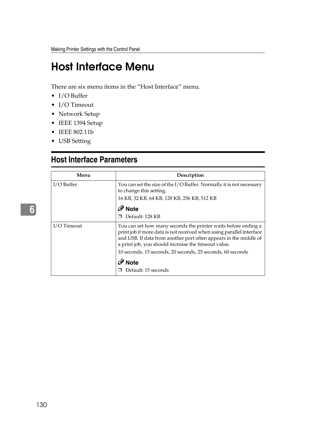 Ricoh AP2610N setup guide Host Interface Menu, Host Interface Parameters, 130 