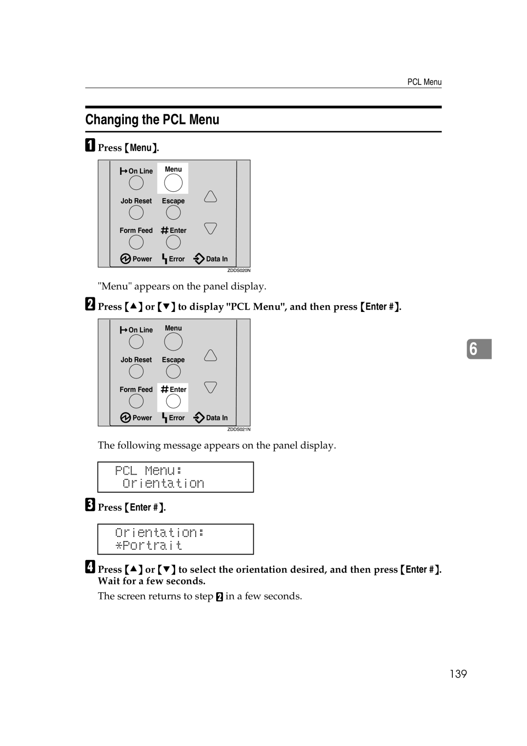 Ricoh AP2610N setup guide Changing the PCL Menu, PCL Menu Orientation, Orientation Portrait, 139 