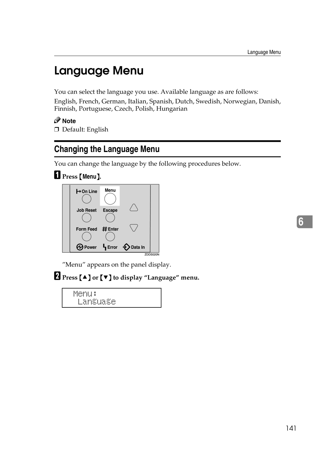 Ricoh AP2610N setup guide Changing the Language Menu, Menu Language, 141, Press U or T to display Language menu 