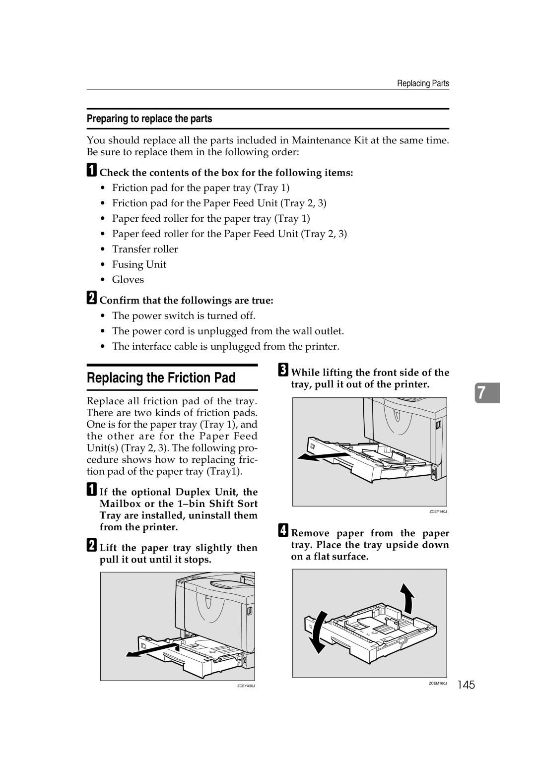 Ricoh AP2610N setup guide Replacing the Friction Pad, Preparing to replace the parts, 145 