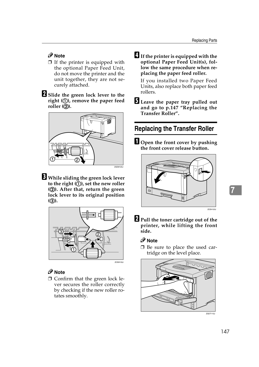 Ricoh AP2610N setup guide Replacing the Transfer Roller, 147 