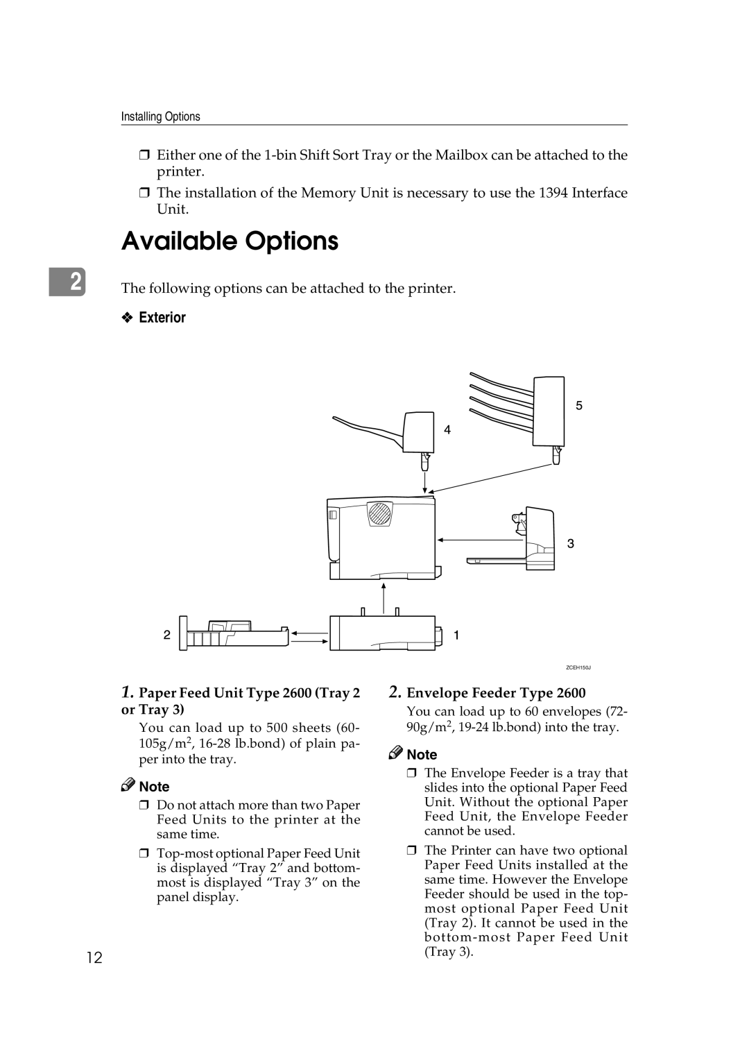 Ricoh AP2610N setup guide Available Options, Paper Feed Unit Type 2600 Tray 2 or Tray, Envelope Feeder Type 