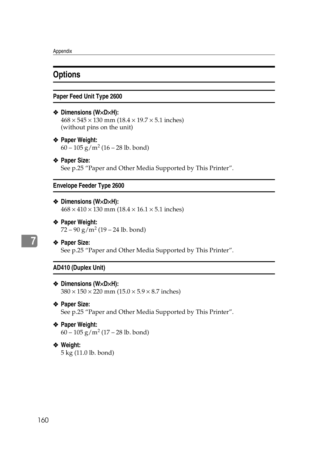 Ricoh AP2610N setup guide Options, Paper Feed Unit Type Dimensions W⋅D⋅H, Envelope Feeder Type Dimensions W⋅D⋅H, 160 