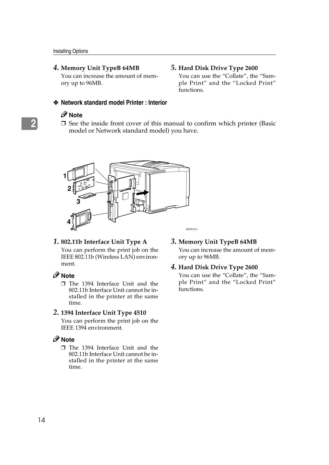 Ricoh AP2610N setup guide Network standard model Printer Interior, Memory Unit TypeB 64MB Hard Disk Drive Type 