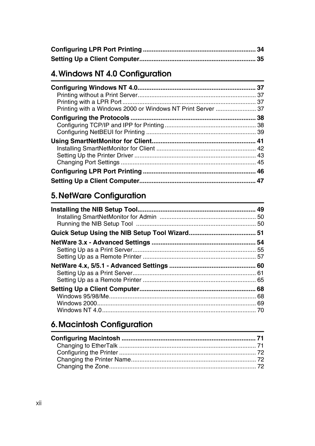 Ricoh AP2610N setup guide Configuring Windows NT, Installing the NIB Setup Tool, NetWare 4.x, 5/5.1 Advanced Settings, Xii 