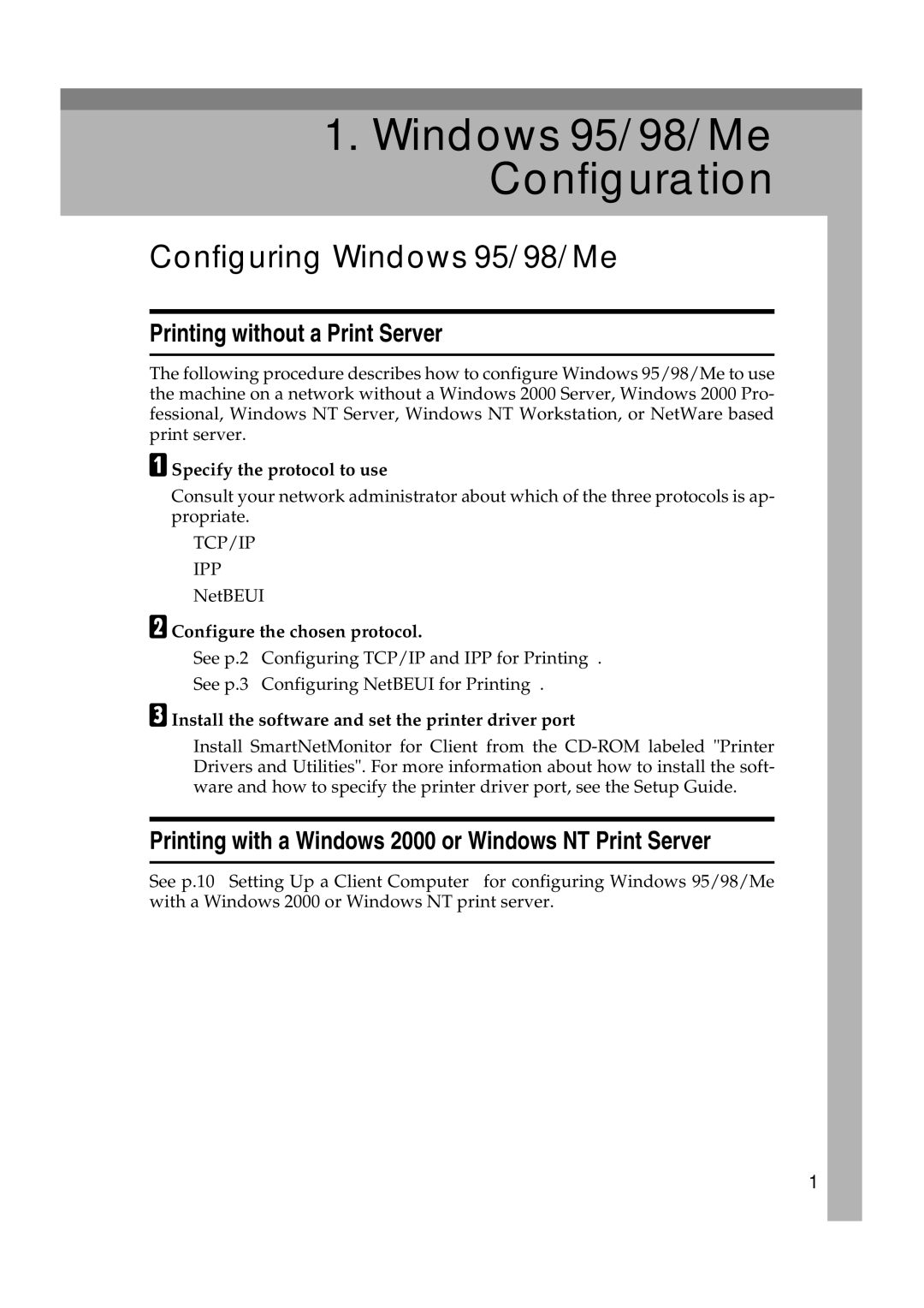 Ricoh AP2610N setup guide Configuring Windows 95/98/Me, Printing without a Print Server 