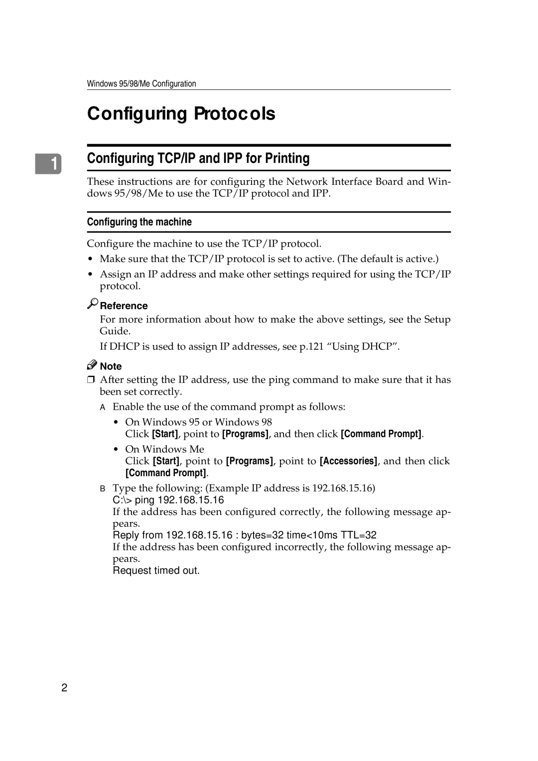 Ricoh AP2610N Configuring Protocols, Configuring TCP/IP and IPP for Printing, Configuring the machine, Command Prompt 