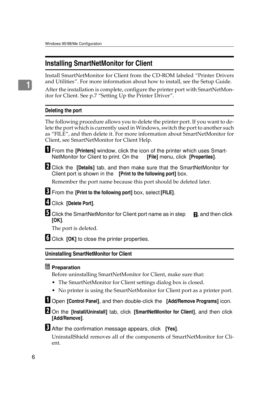 Ricoh AP2610N setup guide Installing SmartNetMonitor for Client, Deleting the port, Uninstalling SmartNetMonitor for Client 