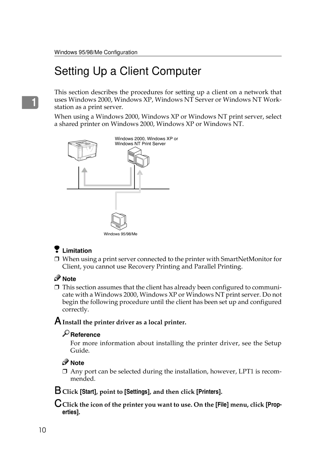 Ricoh AP2610N setup guide Setting Up a Client Computer, Install the printer driver as a local printer 