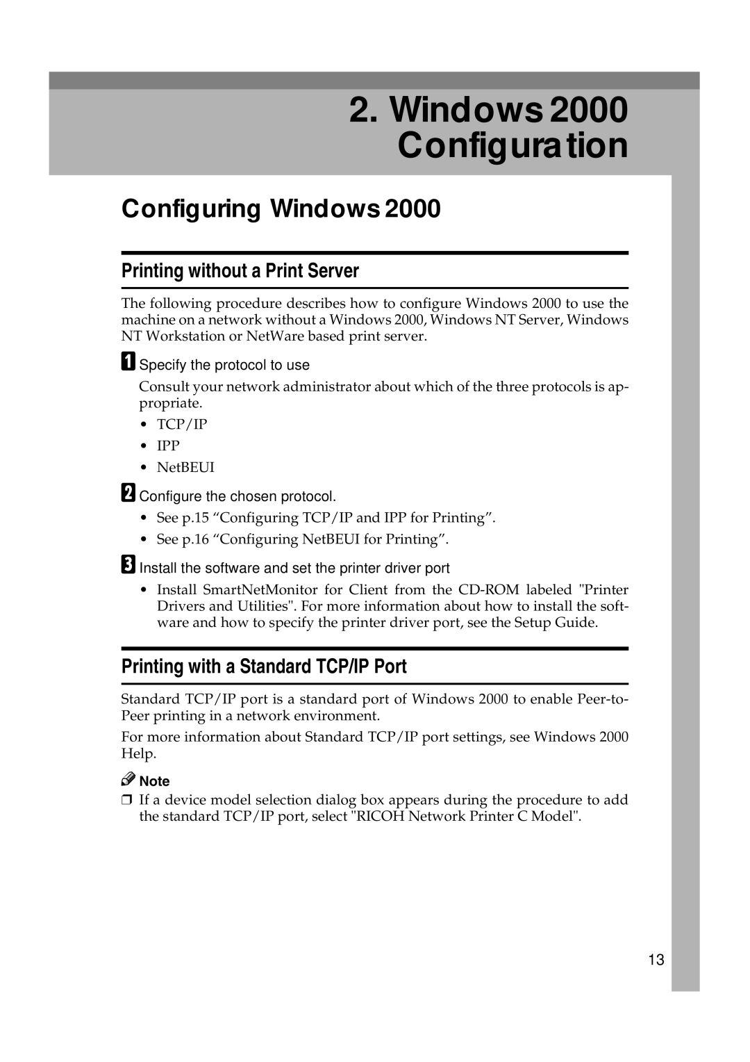 Ricoh AP2610N setup guide Configuring Windows, Printing with a Standard TCP/IP Port 