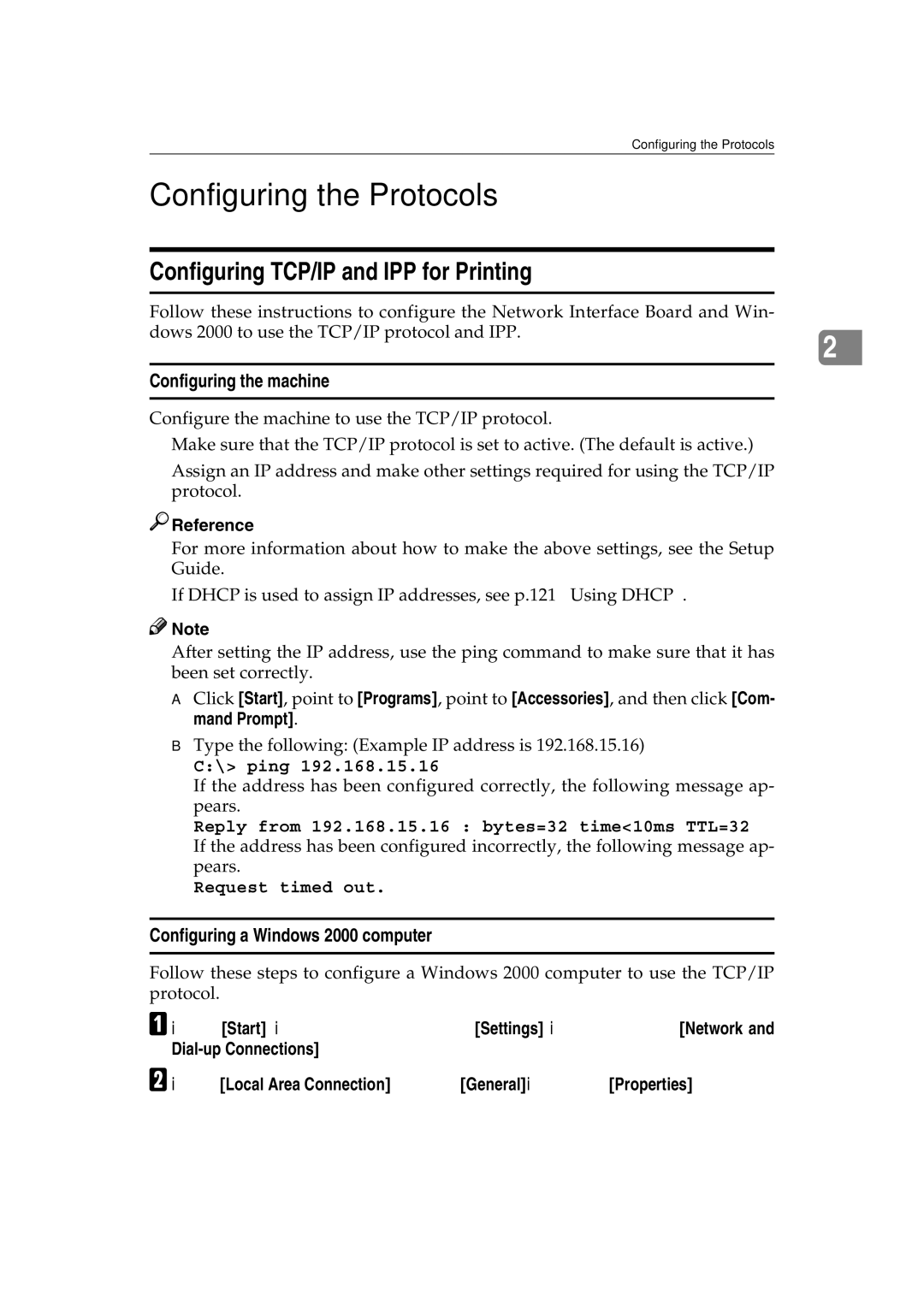 Ricoh AP2610N setup guide Configuring the Protocols, Configuring a Windows 2000 computer 