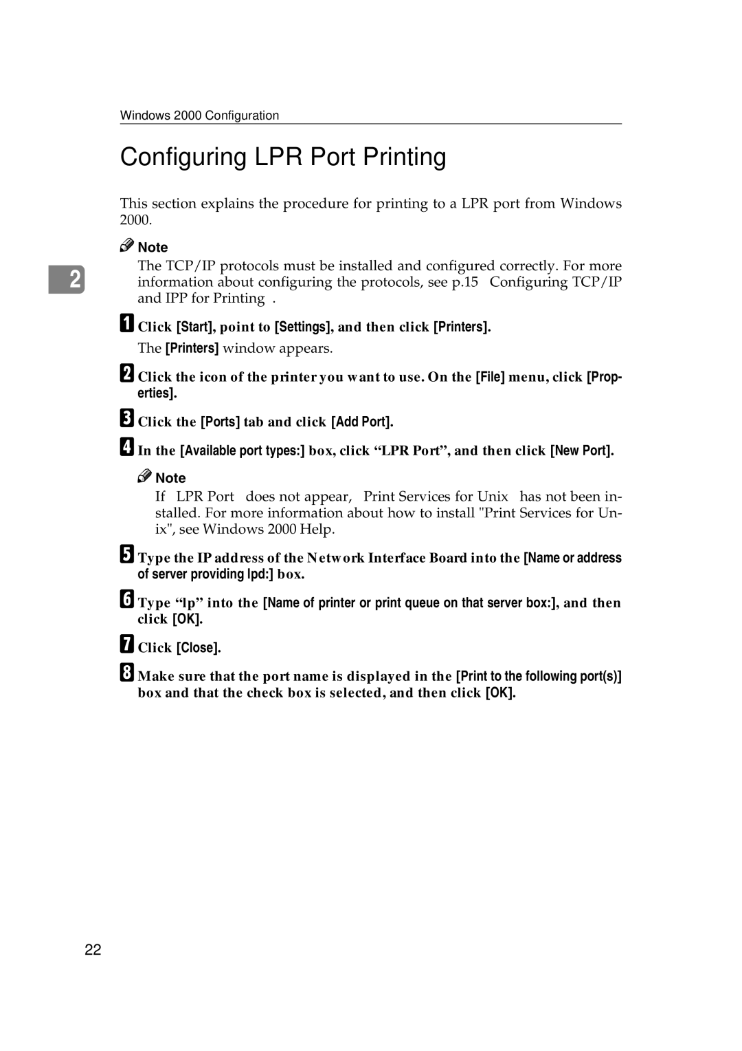 Ricoh AP2610N setup guide Configuring LPR Port Printing, Click Start, point to Settings, and then click Printers 