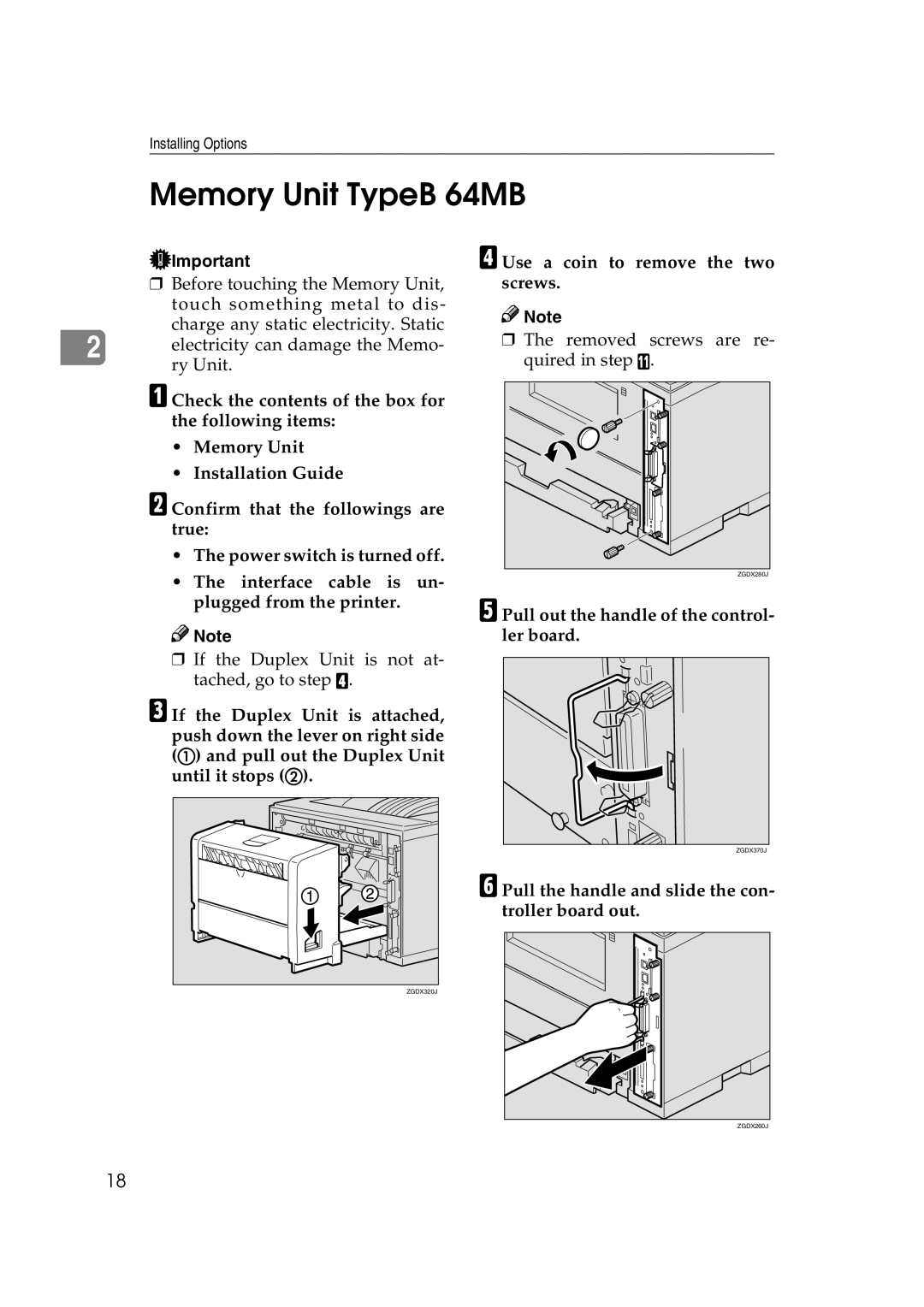 Ricoh AP2610N Memory Unit TypeB 64MB, Use a coin to remove the two screws, Pull out the handle of the control- ler board 