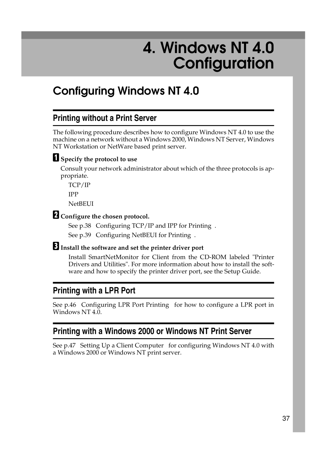 Ricoh AP2610N setup guide Windows NT 4.0 Configuration, Configuring Windows NT 