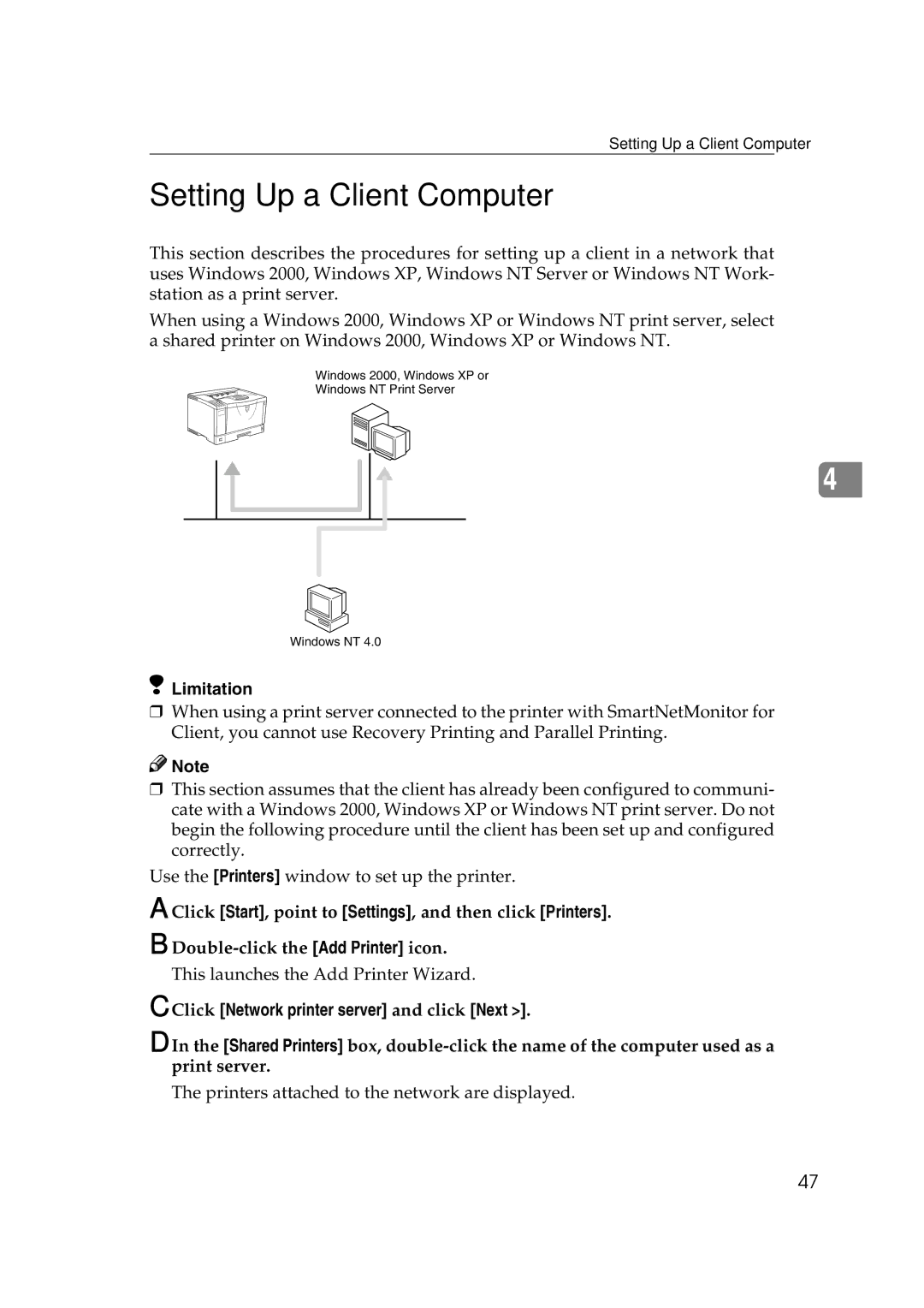 Ricoh AP2610N setup guide Setting Up a Client Computer, Click Network printer server and click Next 