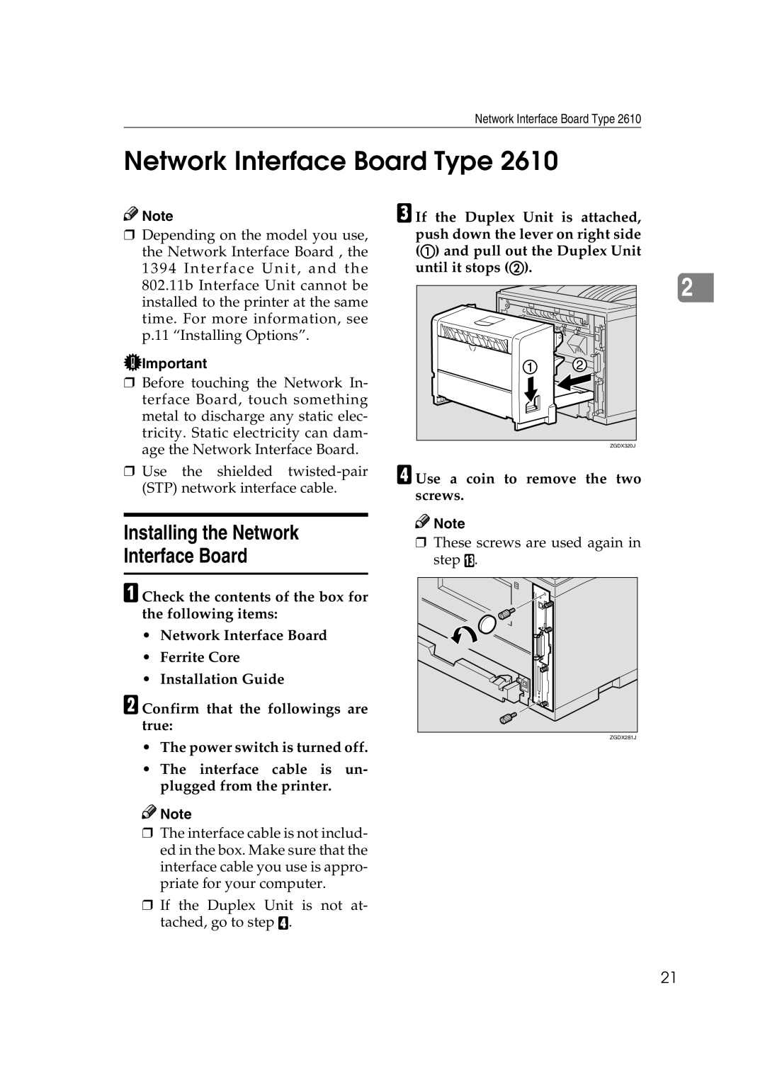 Ricoh AP2610N setup guide Network Interface Board Type, Installing the Network Interface Board 