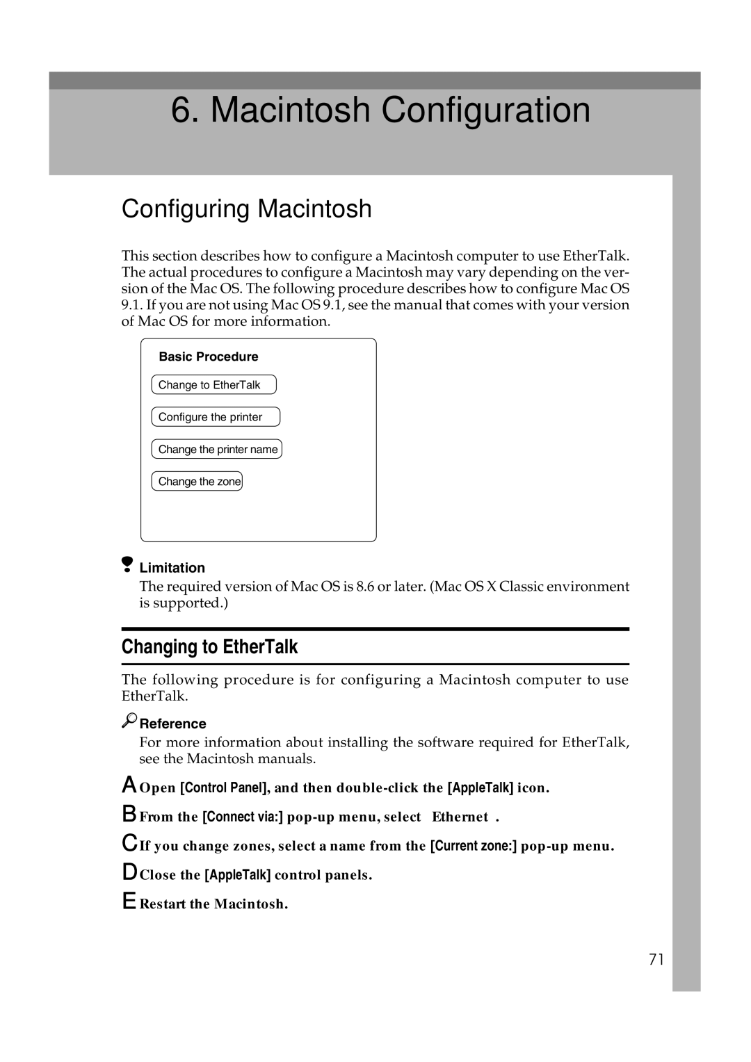 Ricoh AP2610N setup guide Configuring Macintosh, Changing to EtherTalk 