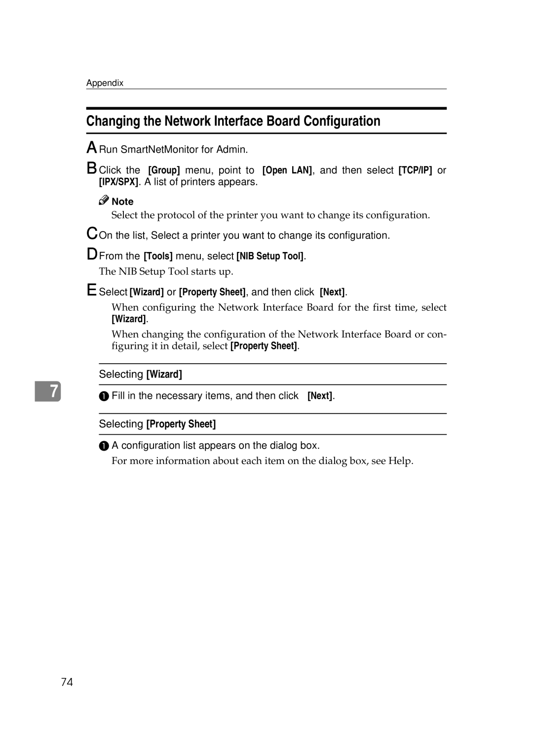 Ricoh AP2610N setup guide Changing the Network Interface Board Configuration, Selecting Wizard, Selecting Property Sheet 