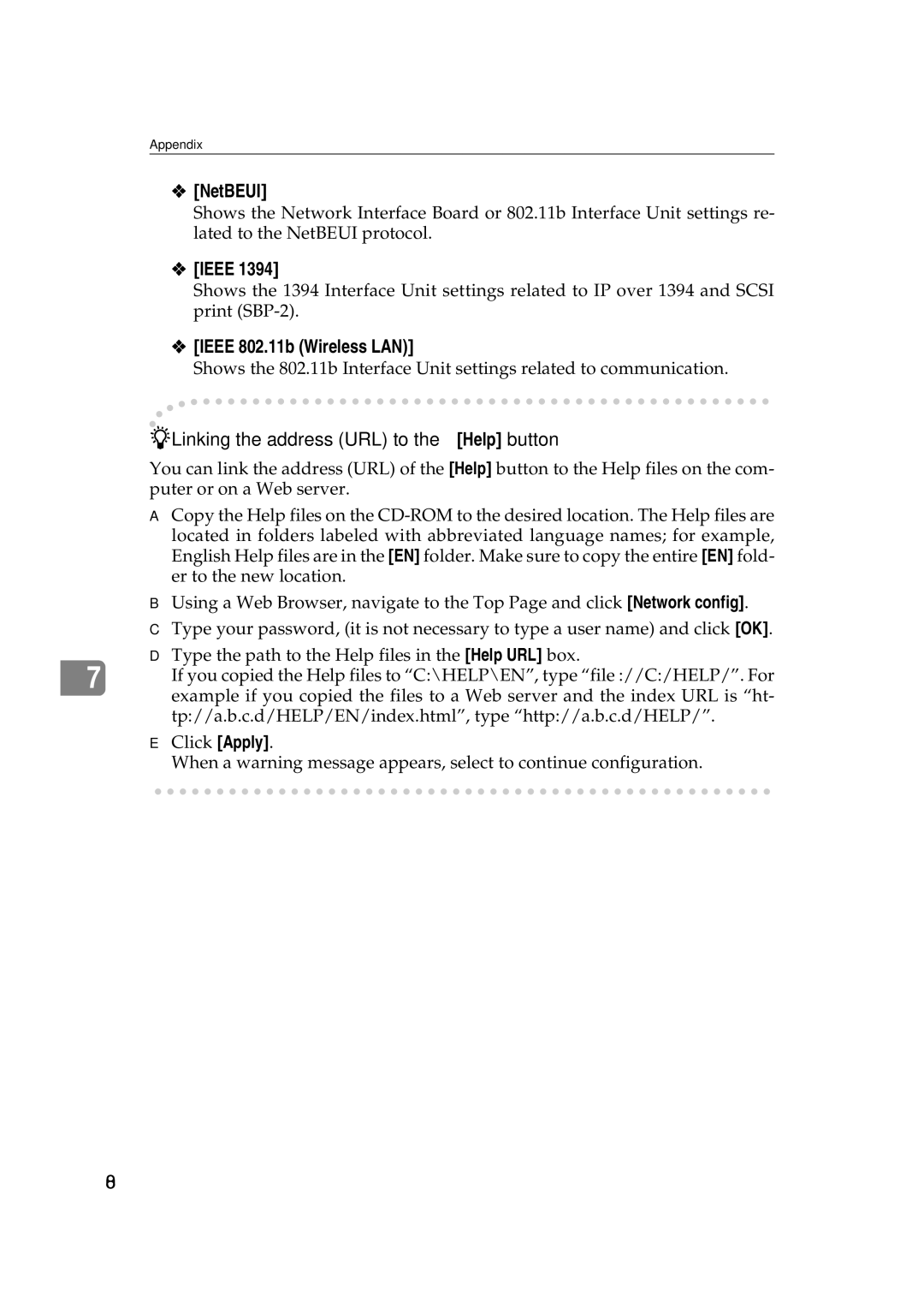 Ricoh AP2610N setup guide Linking the address URL to the Help button 