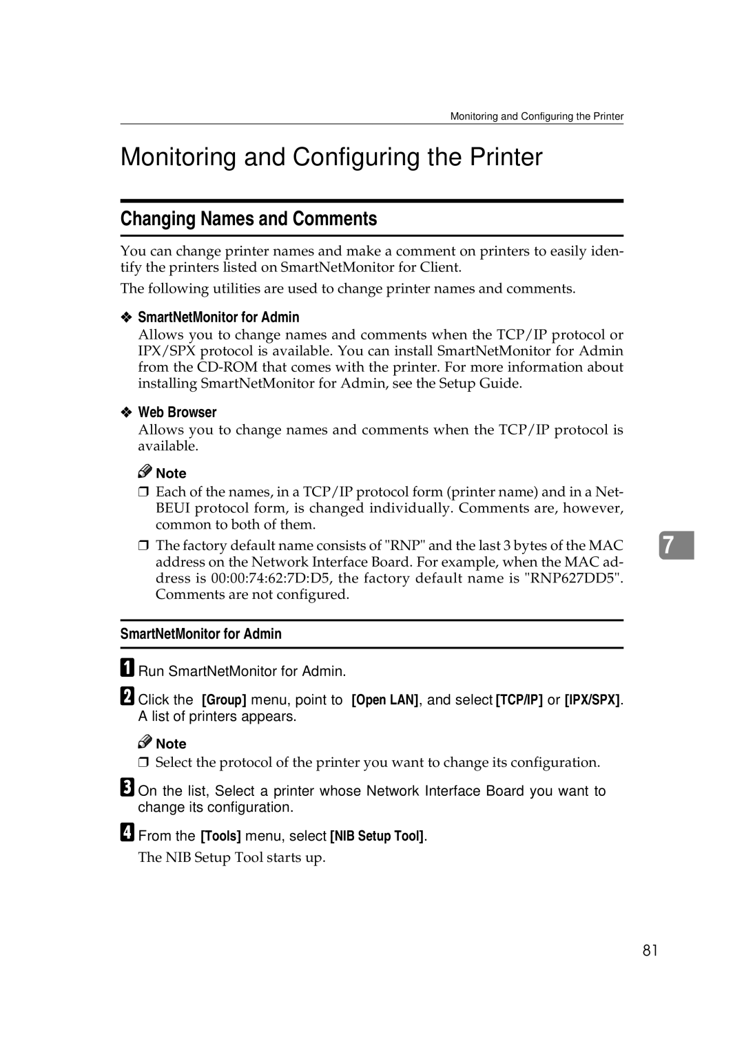 Ricoh AP2610N setup guide Monitoring and Configuring the Printer, Changing Names and Comments, Web Browser 