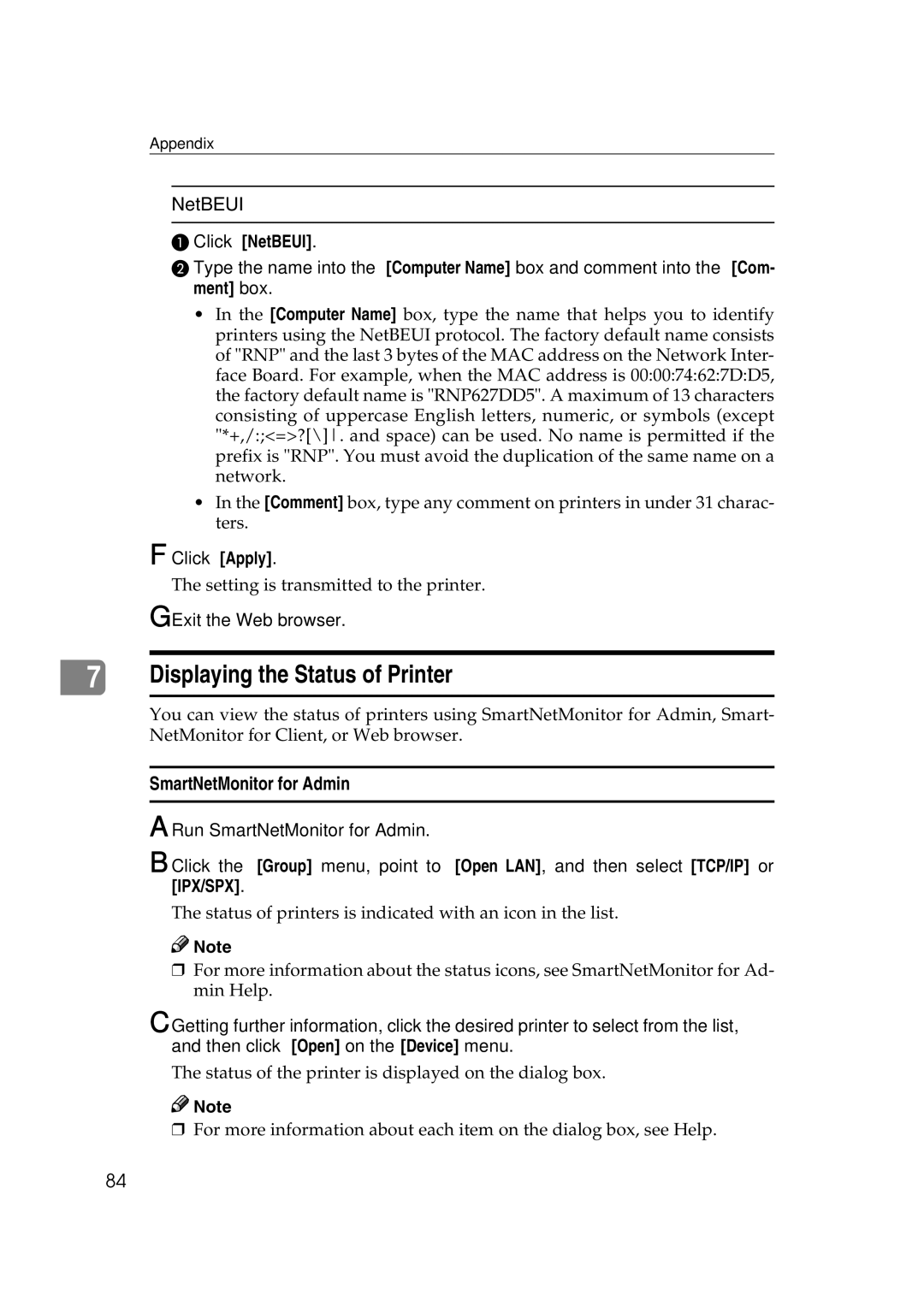 Ricoh AP2610N setup guide Displaying the Status of Printer, Exit the Web browser 