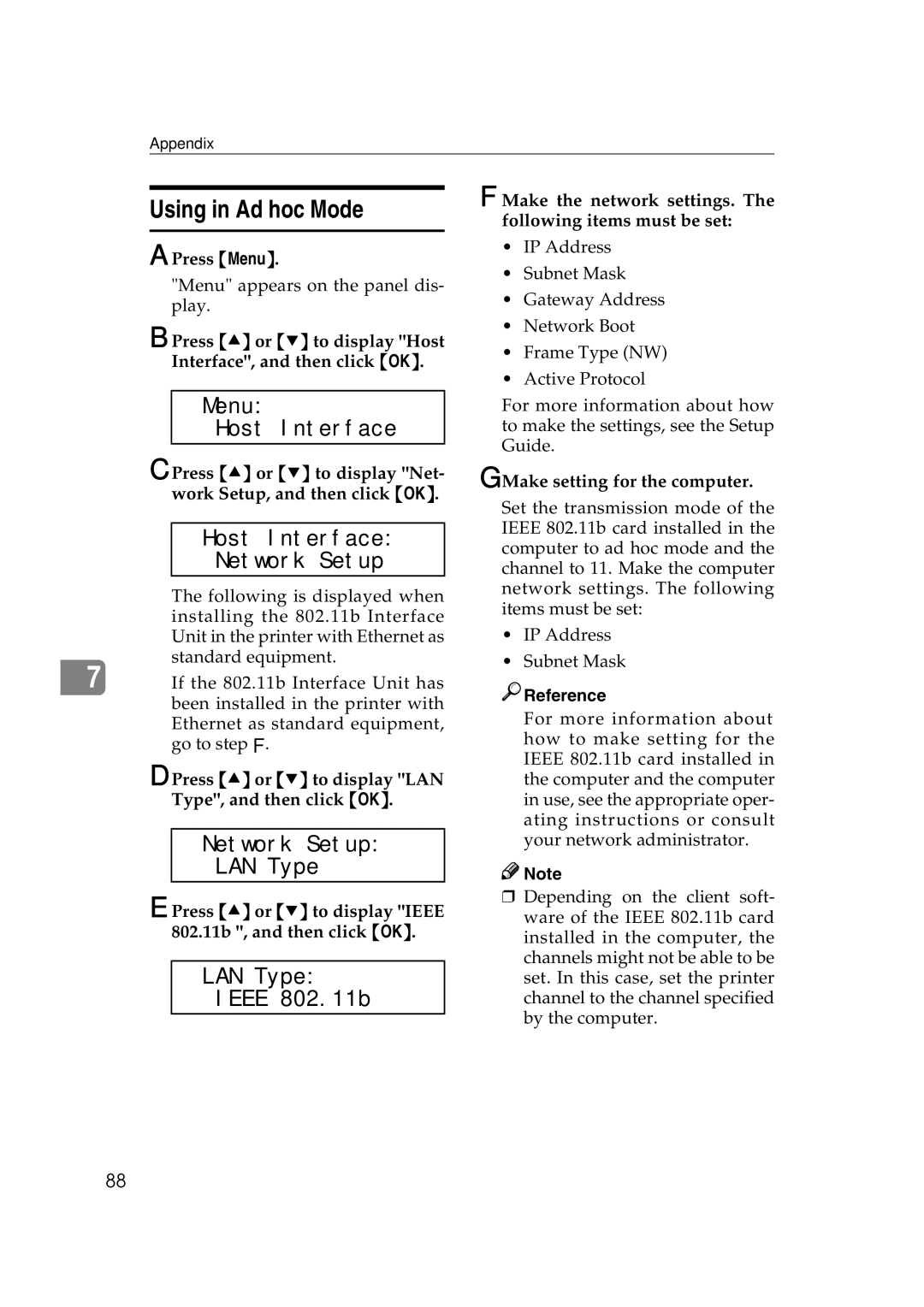 Ricoh AP2610N setup guide Using in Ad hoc Mode, LAN Type Ieee 802.11b 