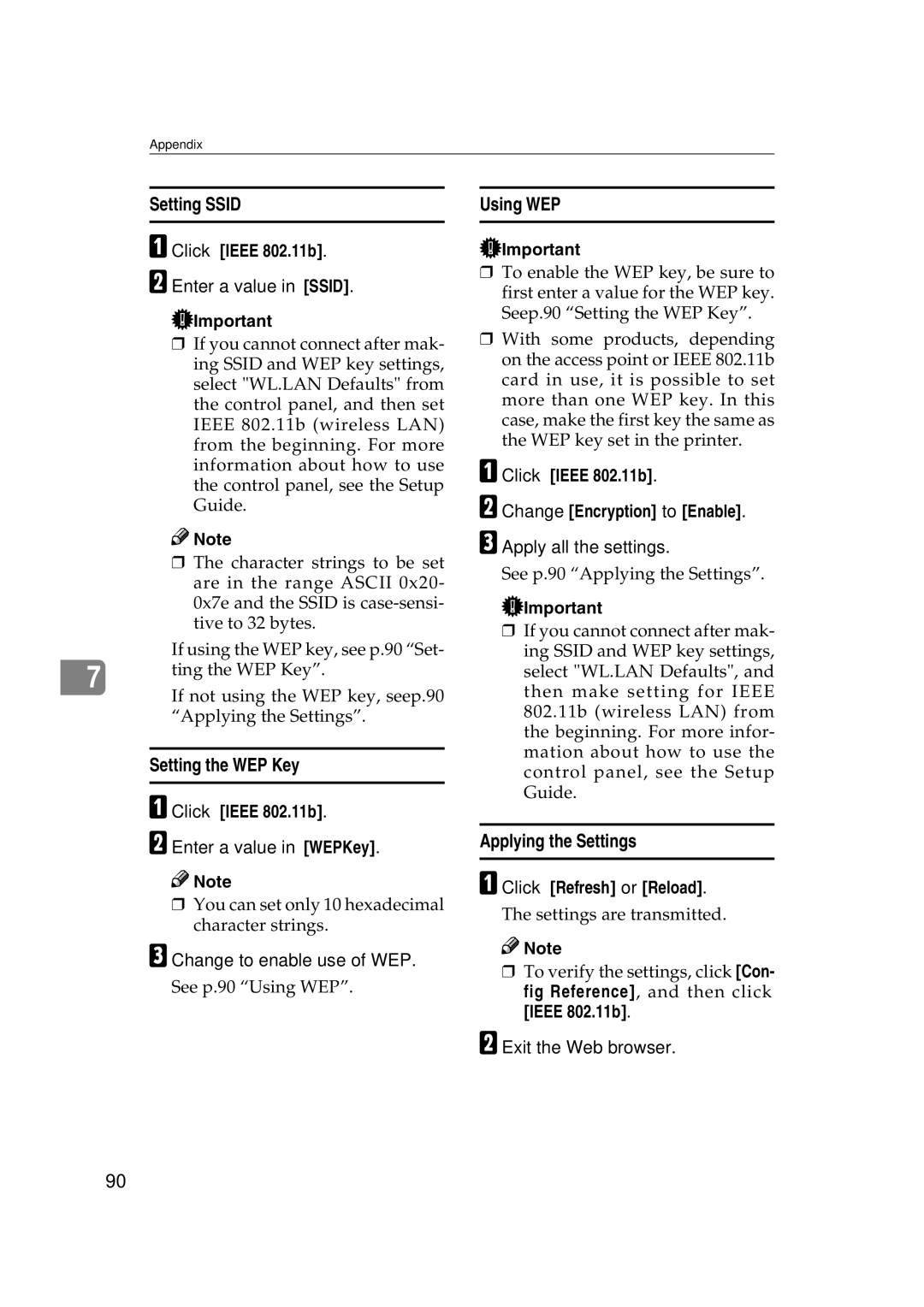 Ricoh AP2610N setup guide Setting Ssid, Setting the WEP Key, Using WEP, Applying the Settings 