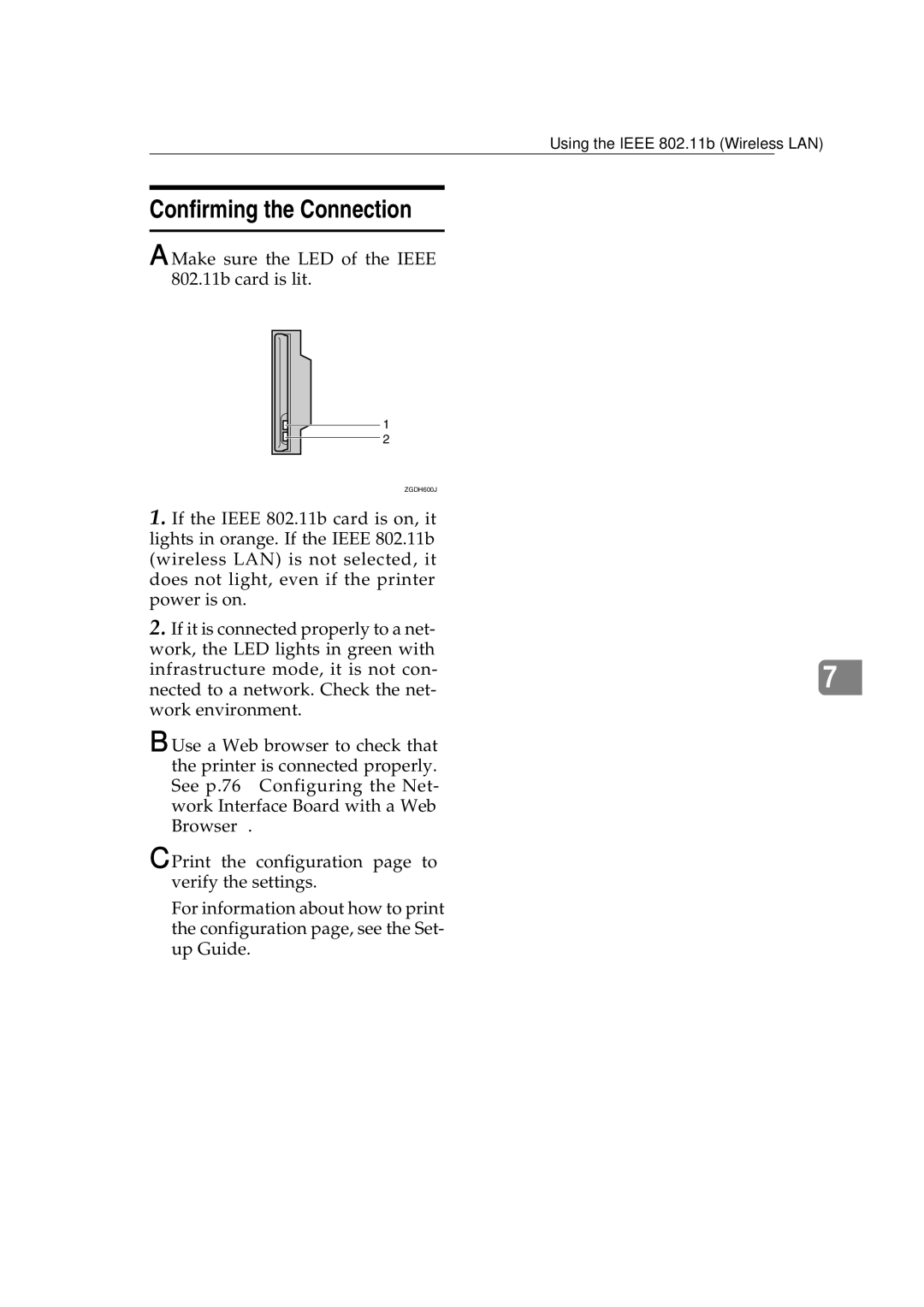 Ricoh AP2610N setup guide Confirming the Connection, Make sure the LED of the Ieee 802.11b card is lit 