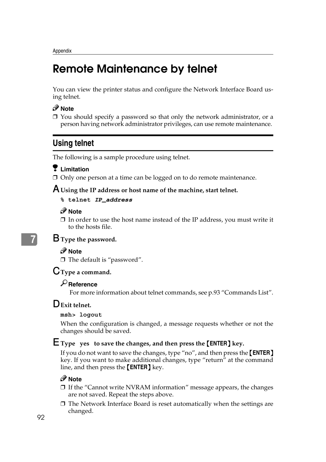 Ricoh AP2610N setup guide Remote Maintenance by telnet, Using telnet 