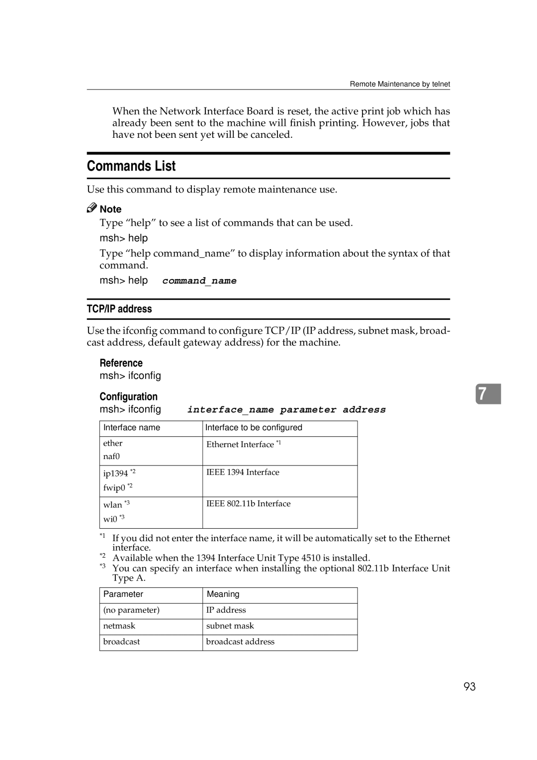 Ricoh AP2610N Commands List, TCP/IP address, Reference, Interface name Interface to be configured, Parameter Meaning 