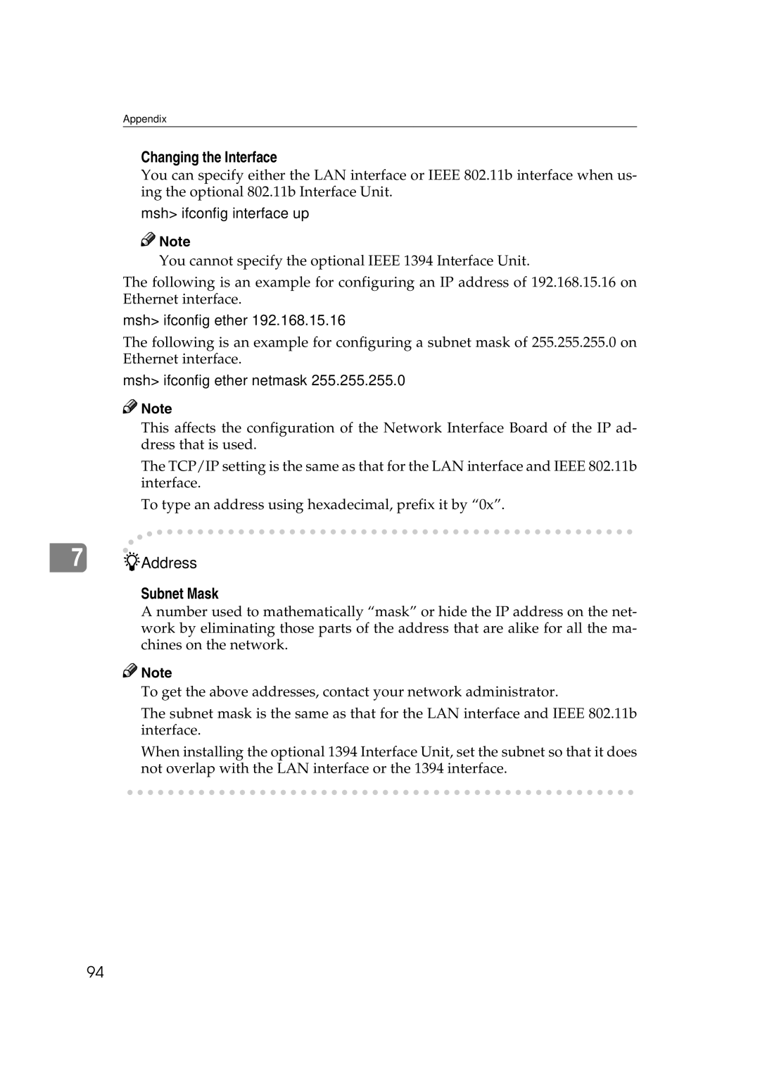 Ricoh AP2610N setup guide Changing the Interface, Msh ifconfig interface up 