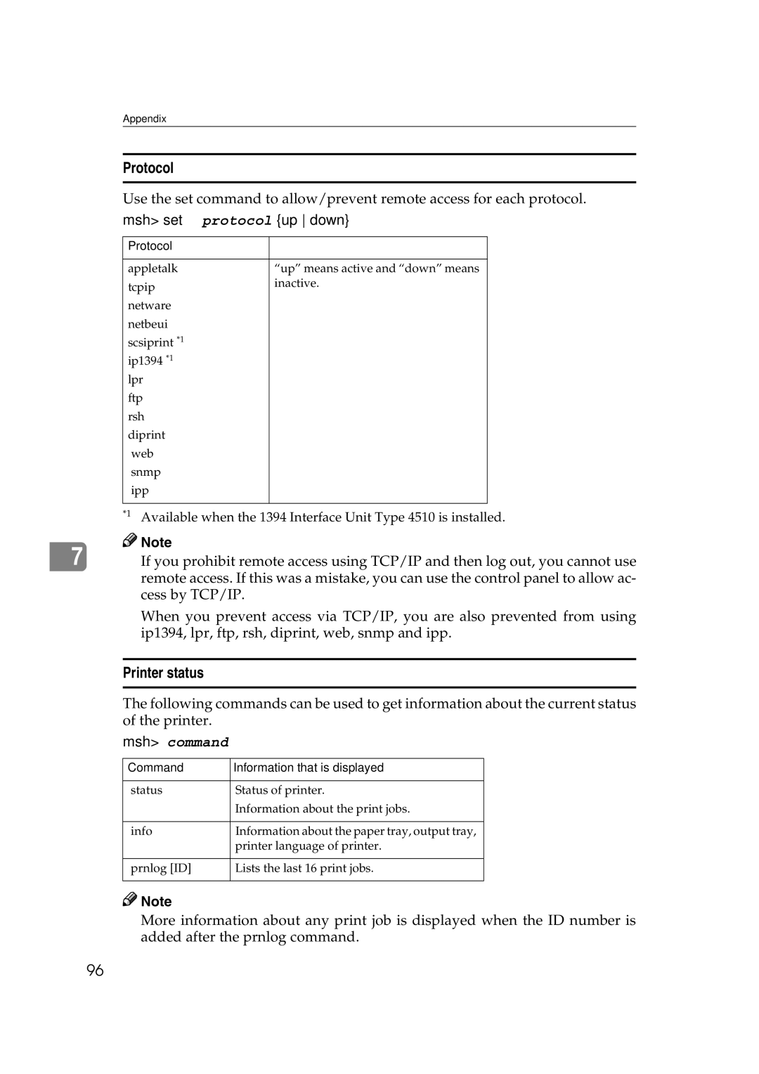 Ricoh AP2610N setup guide Printer status, Protocol, Command Information that is displayed 