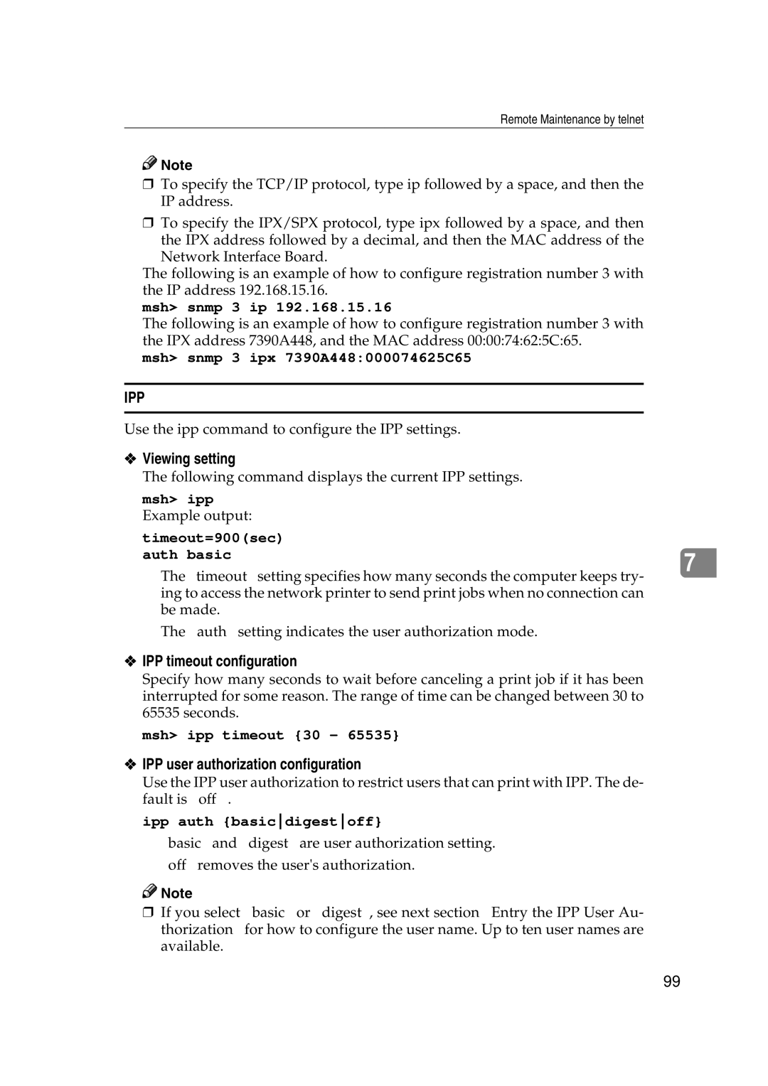 Ricoh AP2610N setup guide Viewing setting, IPP timeout configuration, IPP user authorization configuration 