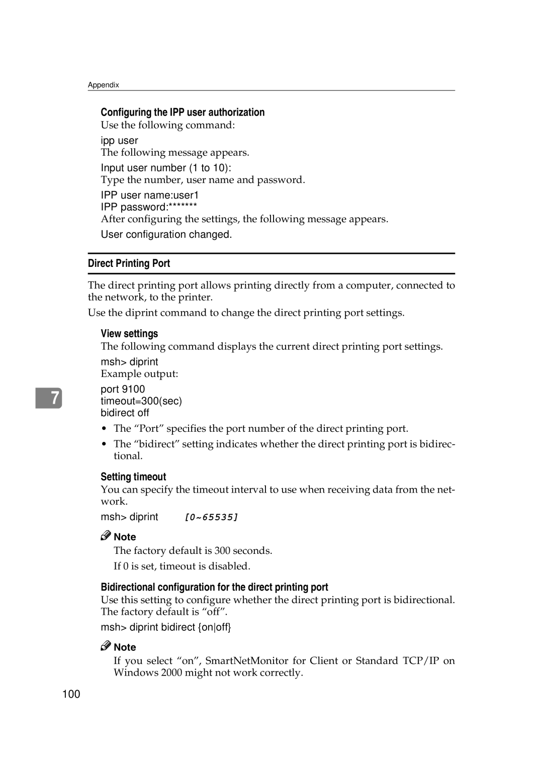 Ricoh AP2610N setup guide Configuring the IPP user authorization, Direct Printing Port, View settings, Setting timeout 