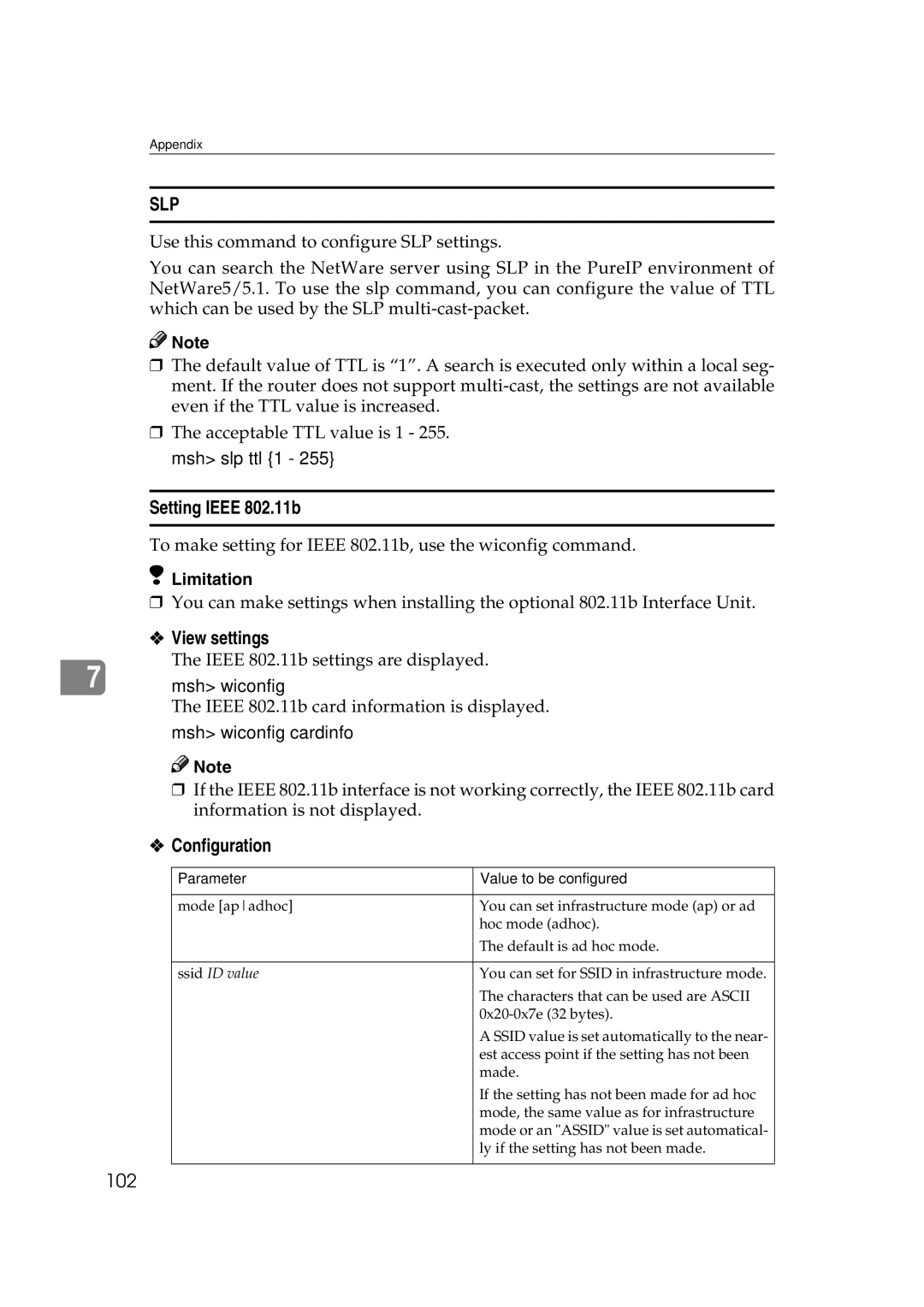 Ricoh AP2610N setup guide Setting Ieee 802.11b, Ieee 802.11b settings are displayed, Parameter Value to be configured 